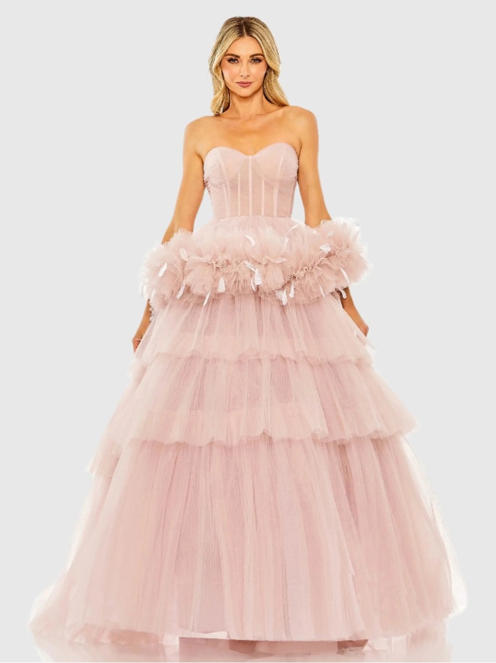 MAC DUGGAL Strapless Tulle Ball Gown Feather Detail Rose Sz 8 20572 NWT $998